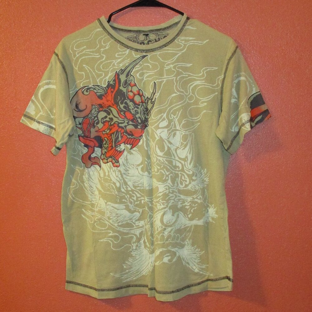 Vercho Men Small Tan Black Red Graphic Skull Dragon Short Sleeve Shirt